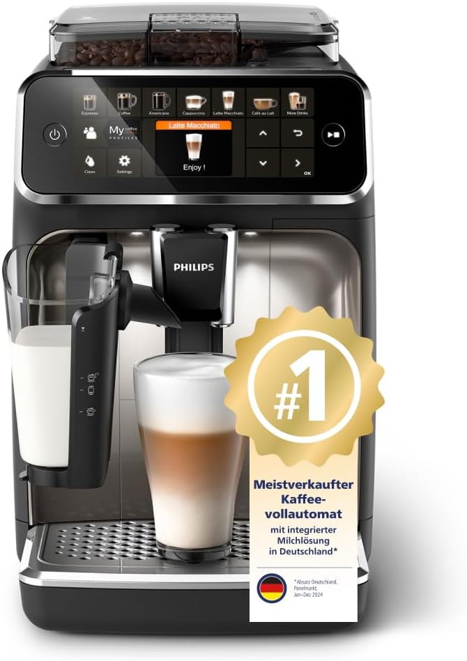 Serie 5400 Kaffeevollautomat – LatteGo Milchsystem, 12 Kaffeespezialitäten, Intuitives Display, 4 Benutzerprofile, Chrom (EP5447/90)