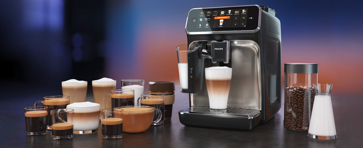 Serie 5400 Kaffeevollautomat – LatteGo Milchsystem, 12 Kaffeespezialitäten, Intuitives Display, 4 Benutzerprofile, Chrom (EP5447/90)